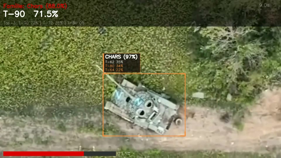 Vue de drone à la verticale d'un char sur un chemin de terre, encadré en orange, bandeau d'analyse en haut de l'image.