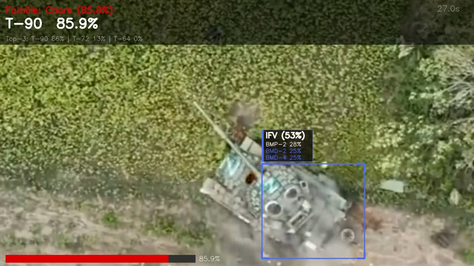 Char vu du ciel sur un chemin, une boîte bleue posée sur son arrière et libellée IFV.